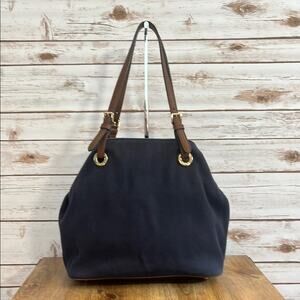 Michael Kors Nautical Navy Canvas Hobo with Brown Leather Trim